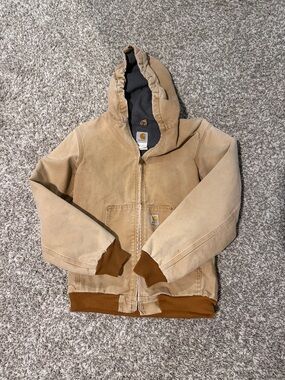 Vintage Carhartt Beige/Tan Hooded Canvas Jacket with Brown Trim